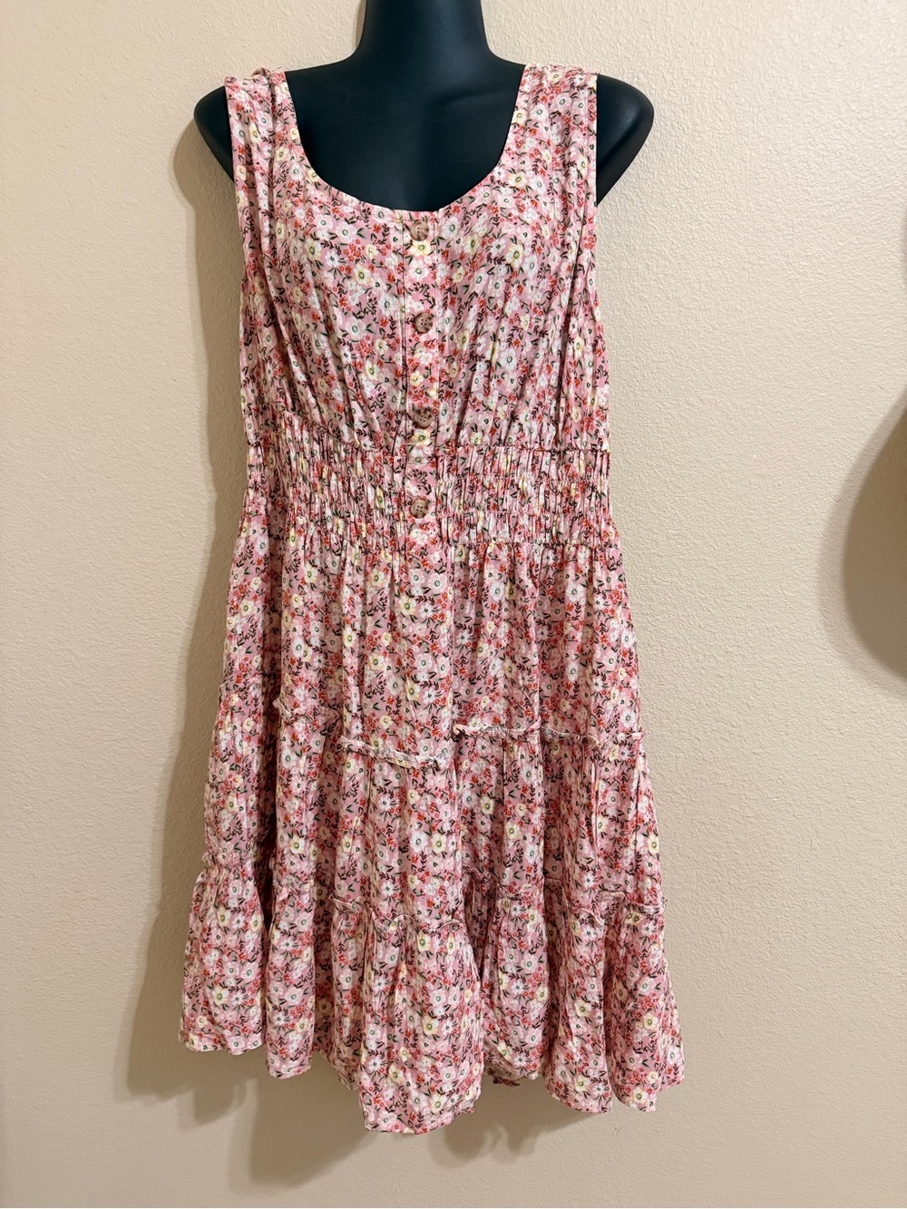 AUW Pink Floral Button-Front Tiered Sundress